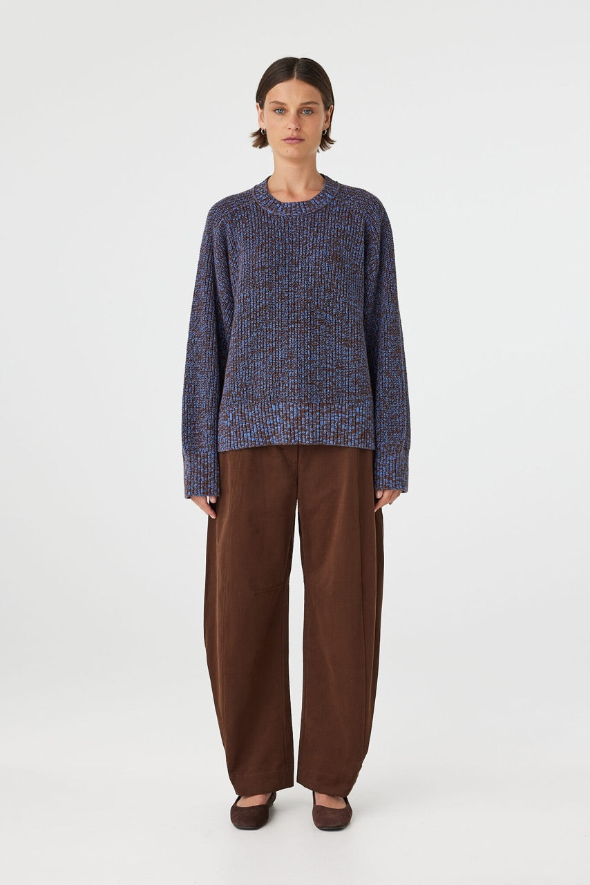 Eames Pant espresso front full length view showing barrel leg volume and cropped length styled with flats