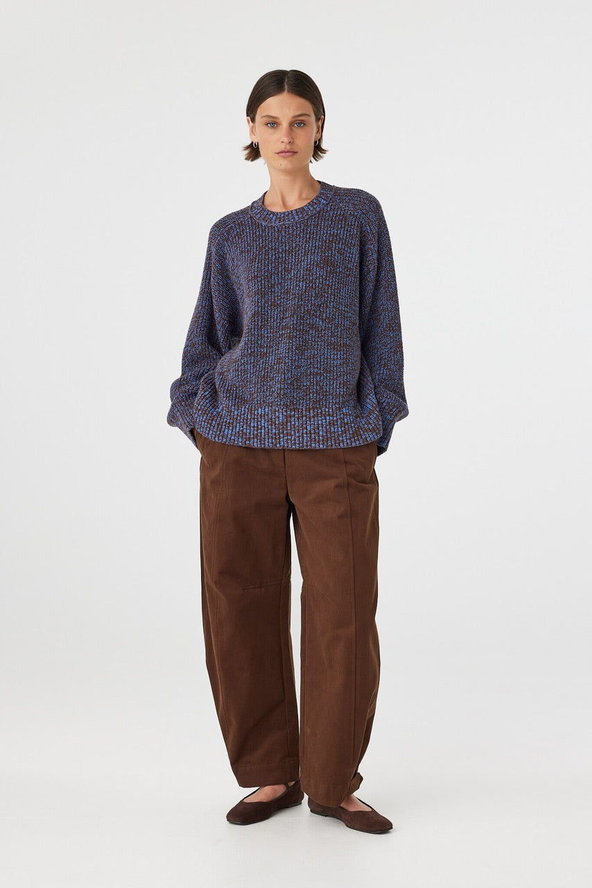 Eames Pant espresso angled front view barrel leg pants with structured silhouette and front fly closure styled with knit sweater and flats