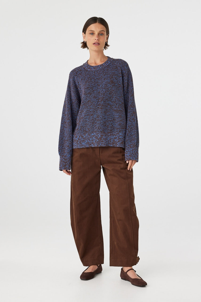 Eames Pant espresso front full length view showing barrel leg volume and cropped length styled with flats