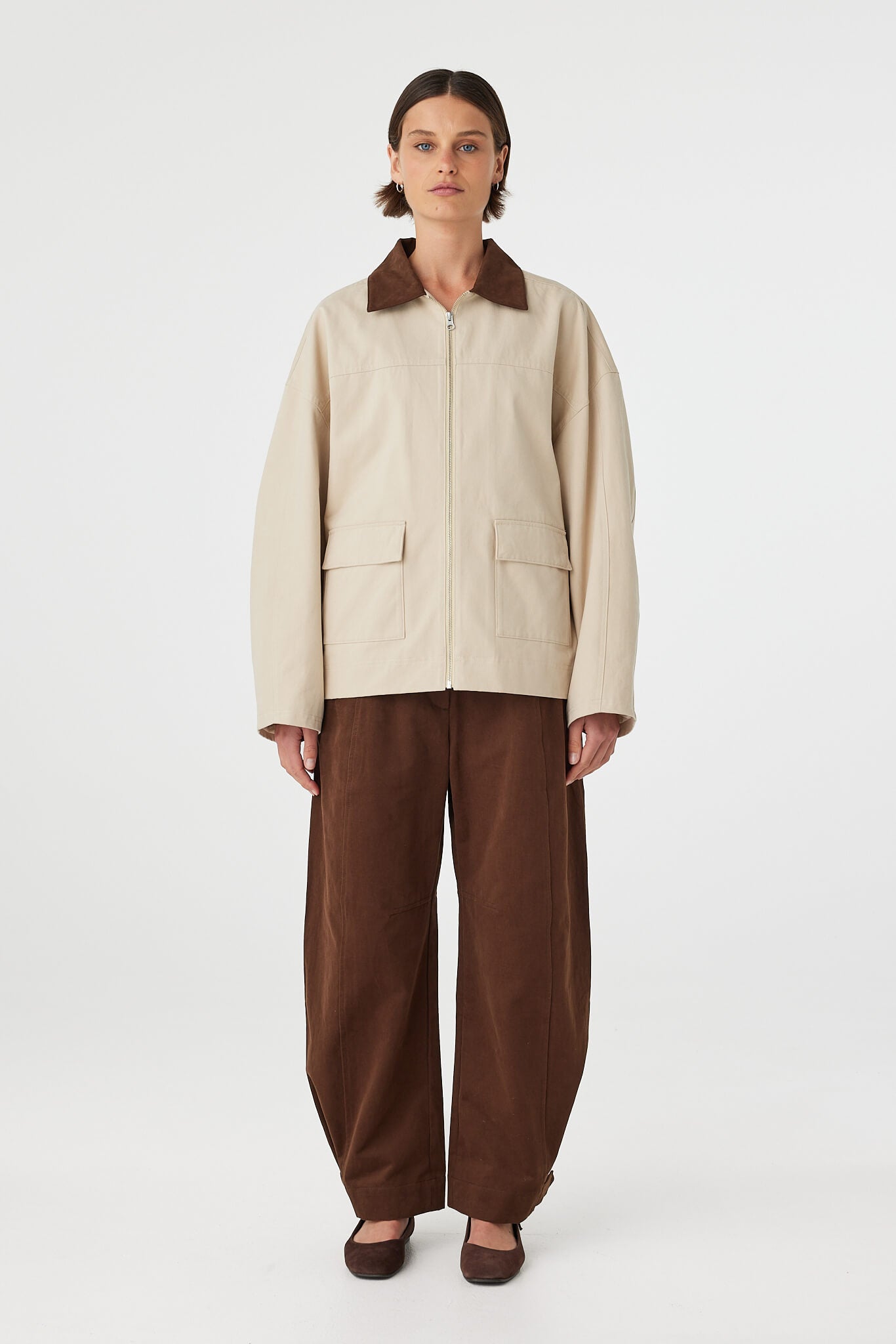 Rory Jacket beige and espresso cotton jacket detail showing front flap pockets and structured fabric