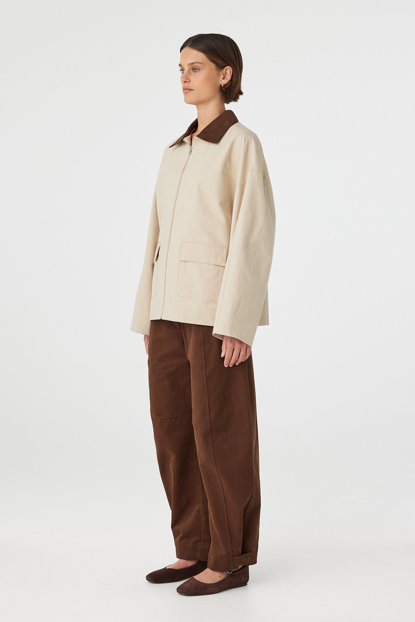 Rory Jacket beige and espresso oversized women’s jacket side view showing relaxed fit and long sleeves