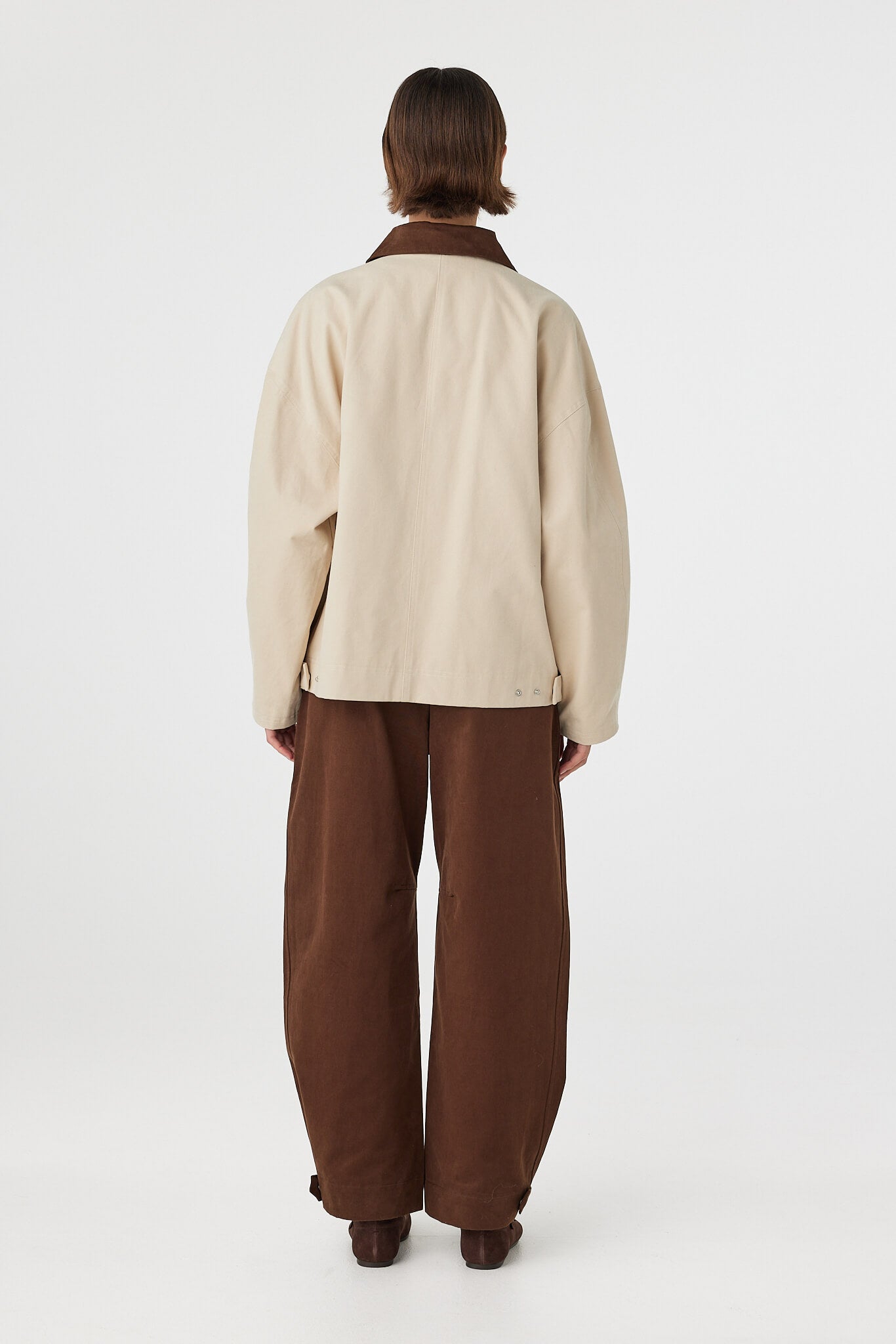 Rory Jacket beige and espresso women’s cotton jacket back view with clean paneling and adjustable waist tabs