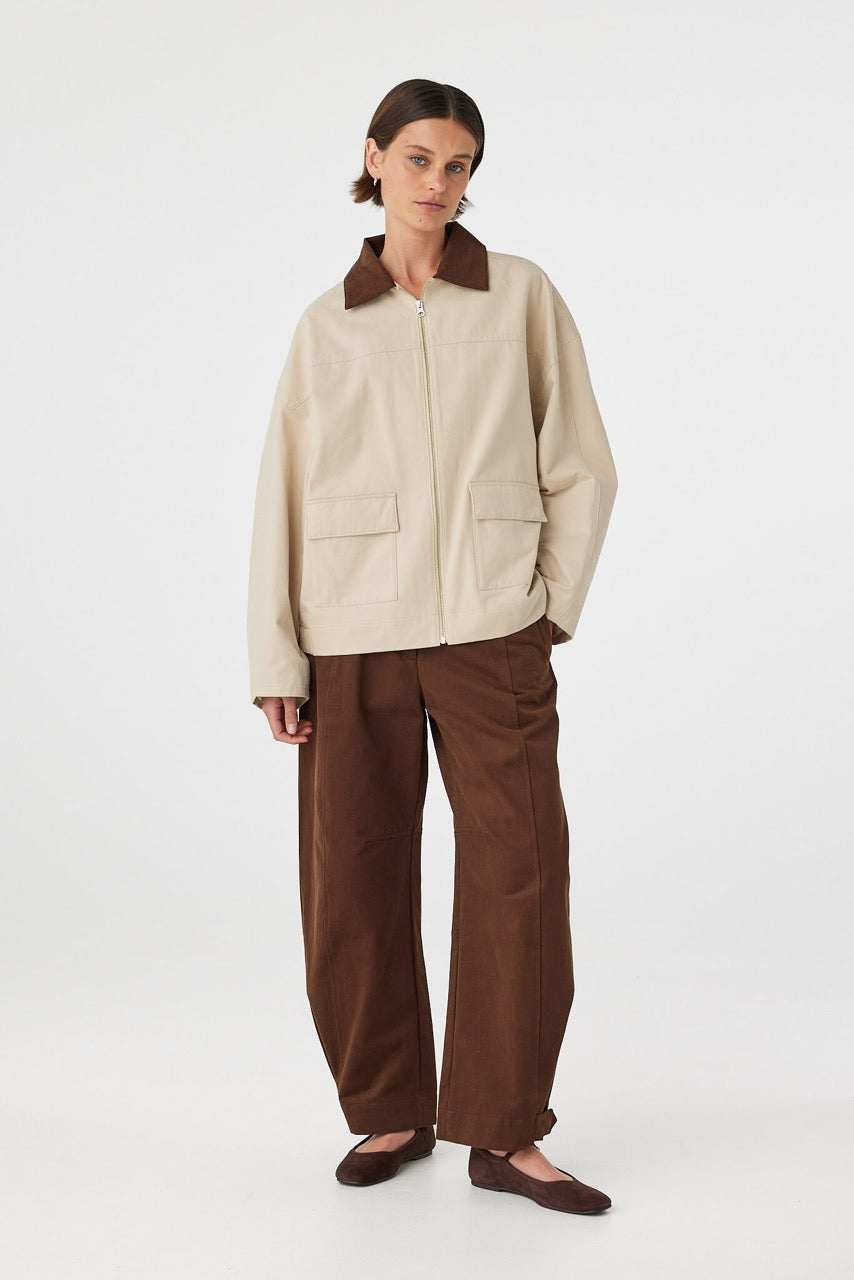 Rory Jacket beige and espresso styled outfit women with brown wide leg pants and brown flats