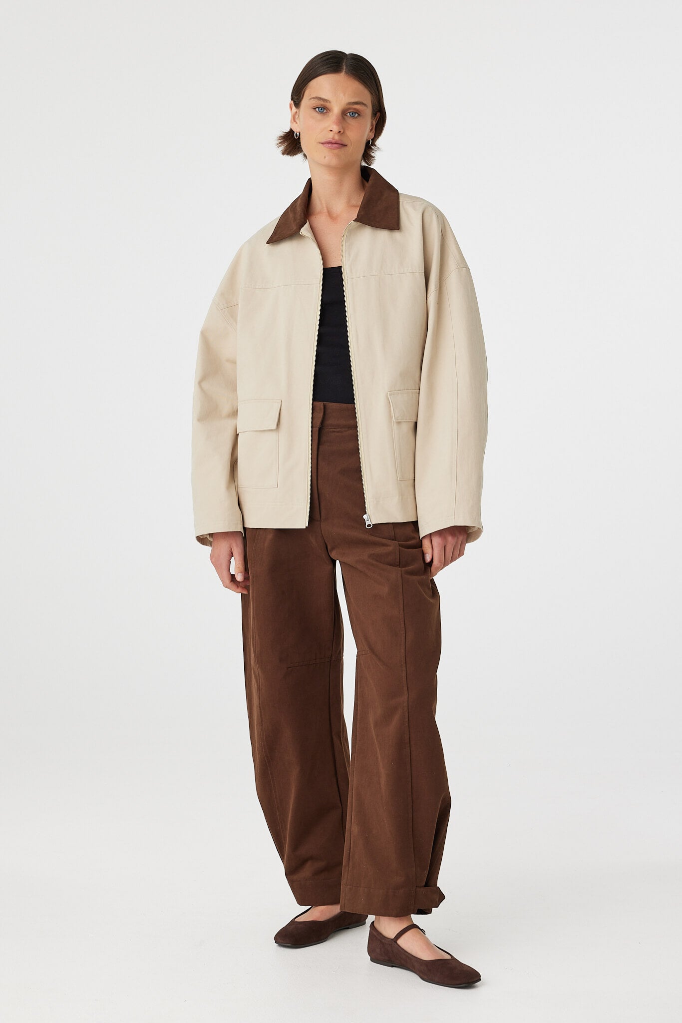 Rory Jacket beige and espresso lightweight cotton jacket worn open layered over black top