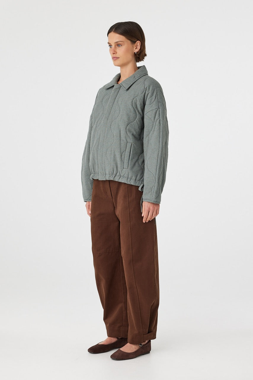 Side view of Matteo Jacket blue check, cocoon sleeve shape and relaxed silhouette.