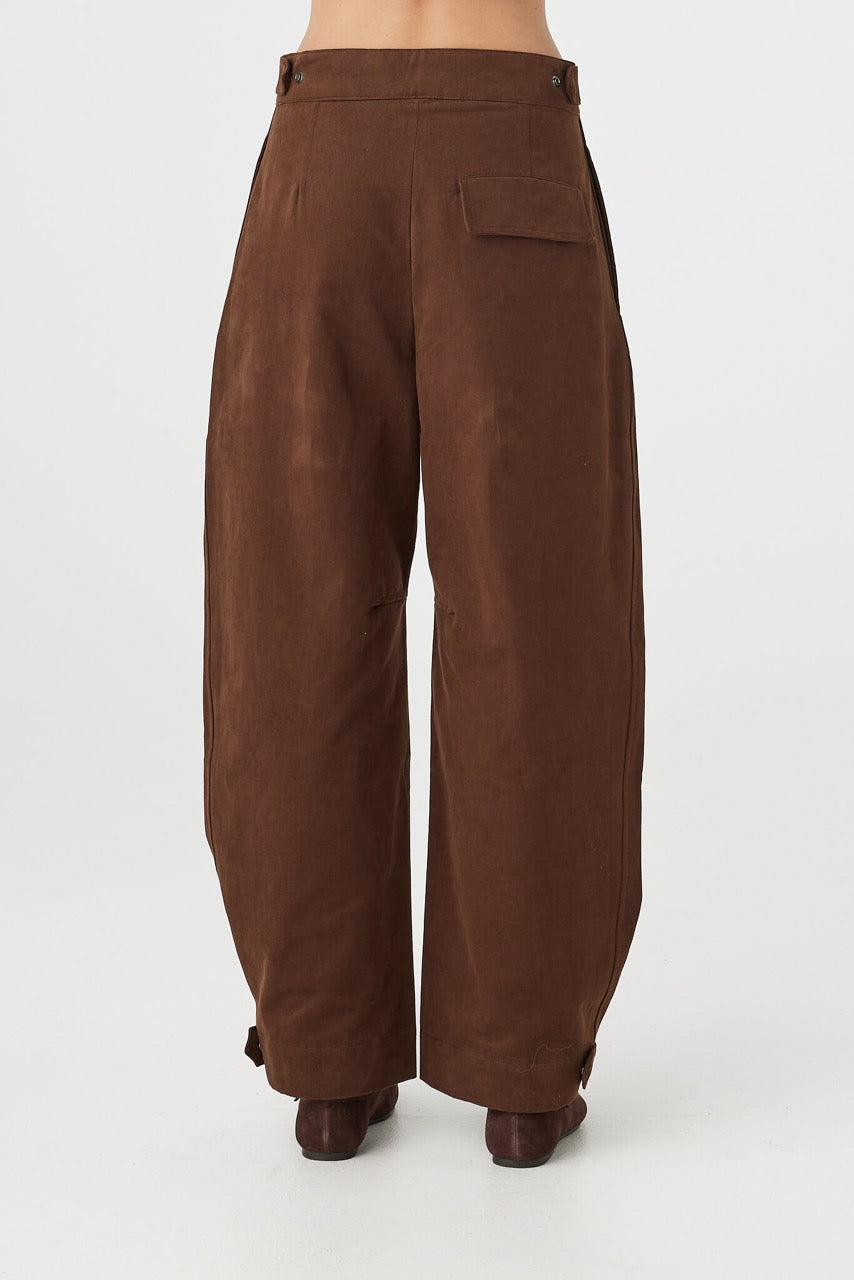 Eames Pant espresso back close-up view showing rear pocket and waistband tab detail