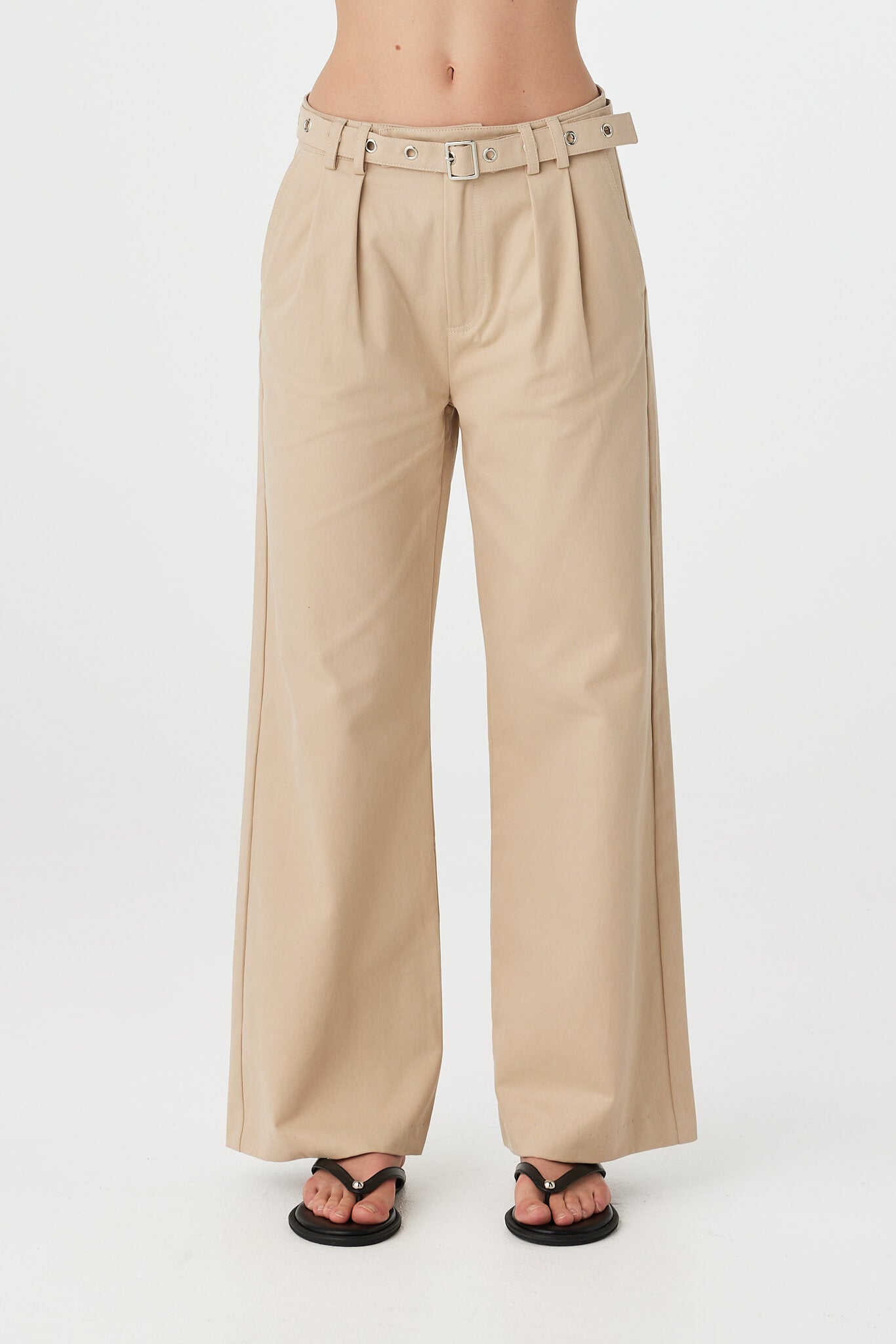 Soraya Pant taupe close up front detail showing pleated construction, zipper fly and structured waistband