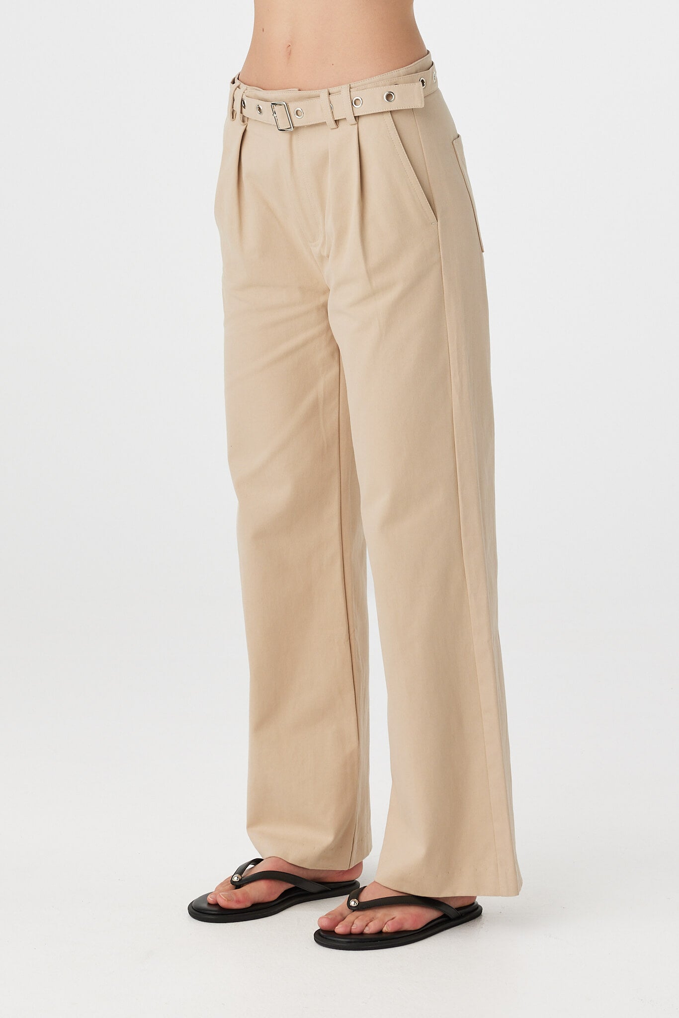 Soraya Pant taupe side view showing clean wide leg line and tailored structure 