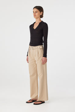 Soraya Pant taupe side view showing clean wide leg line and tailored structure styled with fitted black top
