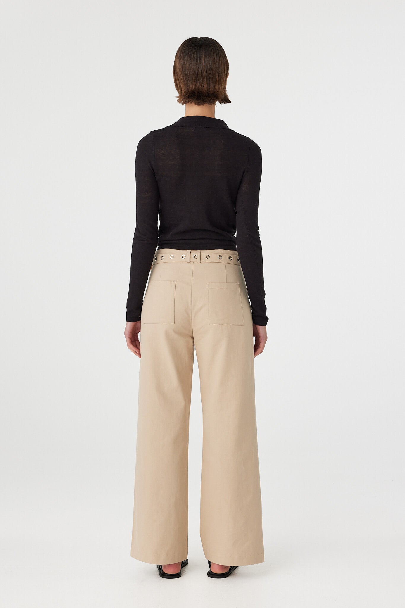 Soraya Pant taupe back view showing welted back pockets and full length wide leg silhouette