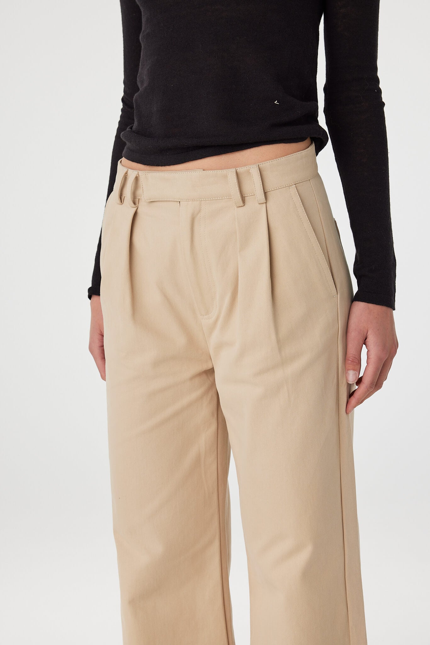 Soraya Pant taupe close up front detail showing pleated construction, zipper fly and structured waistband