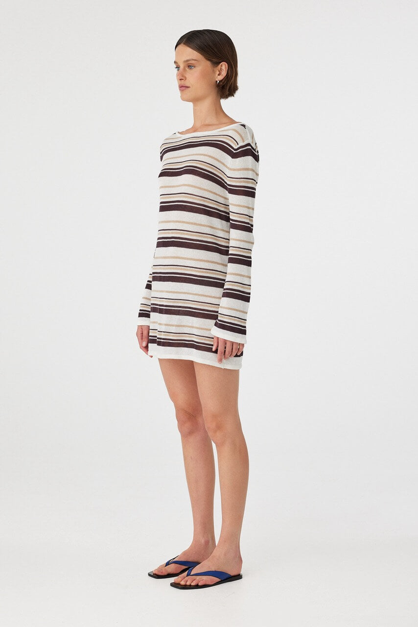 Nia Long Sleeve Mini Dress - Cream Choc Stripe