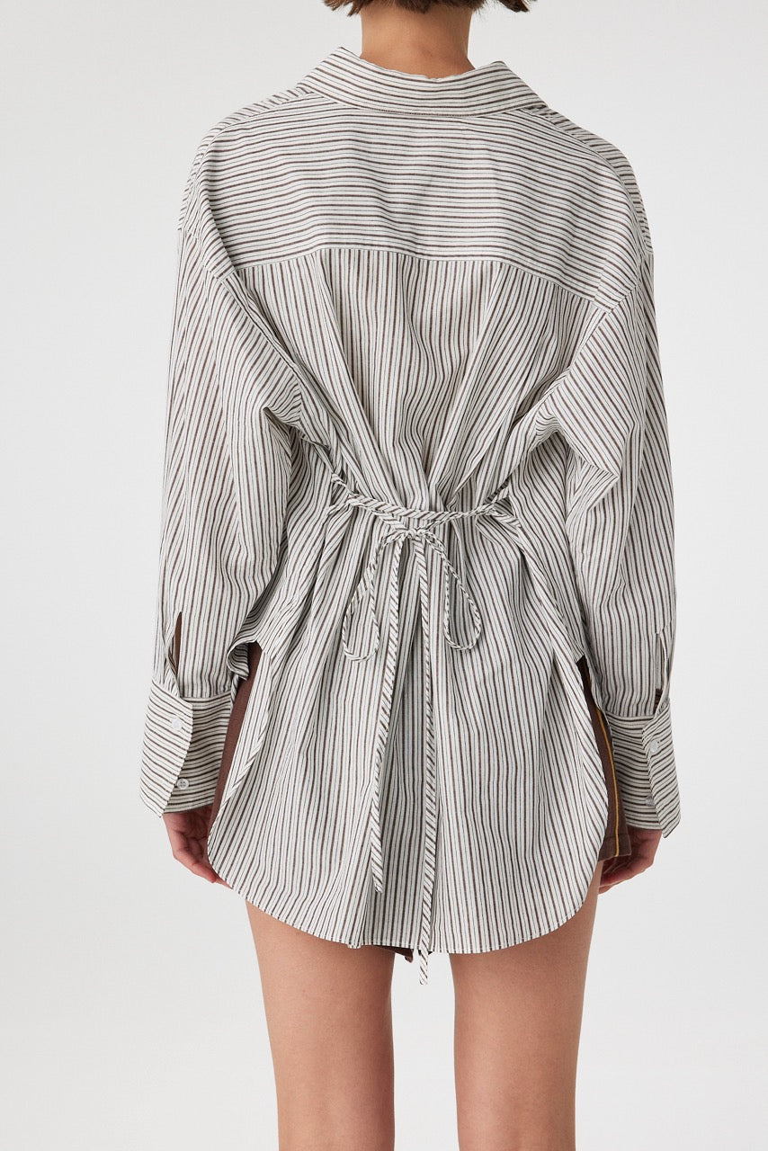 Back view of striped Rae Shirt showing adjustable waist tie detail