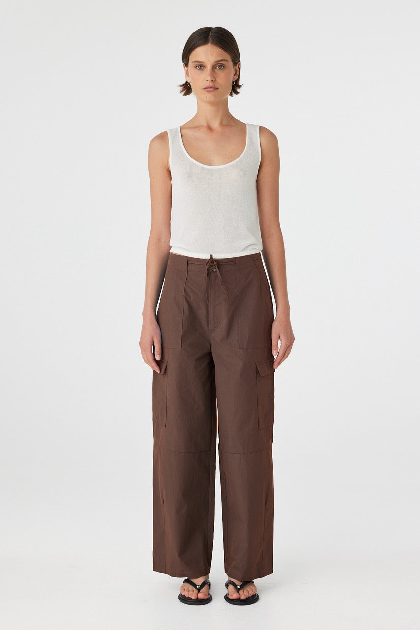 Front view of espresso cotton barrel‑leg pants with elasticated waistband and drawstring 