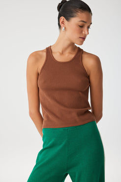 Side view of Rio Tank showing racerback cut and sculpted rib texture in clay tone.