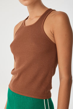 Close-up of ribbing and bound armhole on lightweight racer tank in clay.