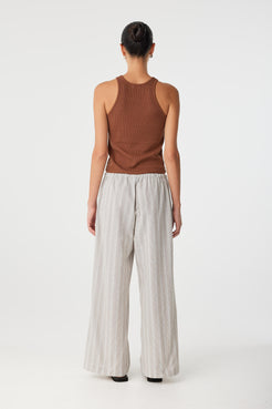 Back view of lightweight cotton pant with elastic waistband and casual silhouette.