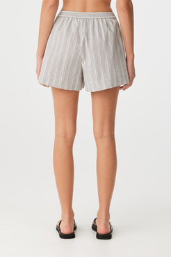 Back view of striped cotton short with elastic waistband and relaxed leg.