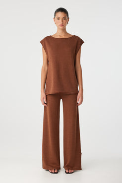 Clay knit pant styled with matching oversized top, showing easy fit and movement.