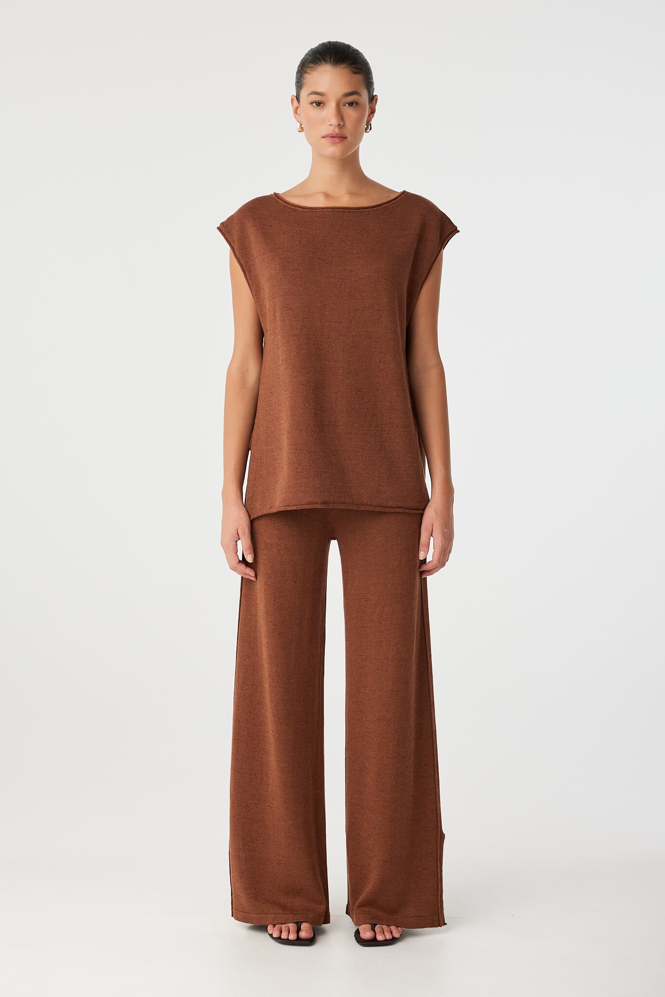 Clay knit pant styled with matching oversized top, showing easy fit and movement.