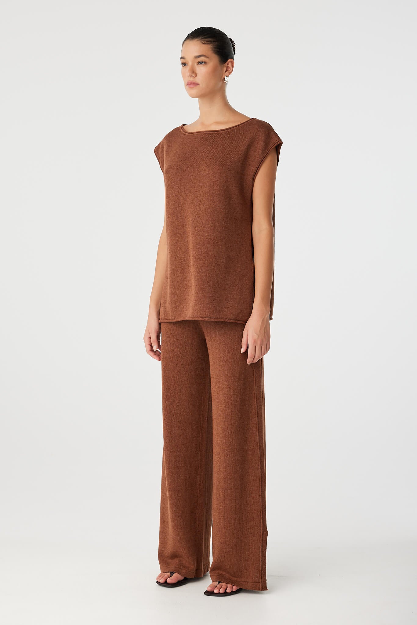 Poppy Pant in clay styled casually with tonal pieces, airy and seasonless.