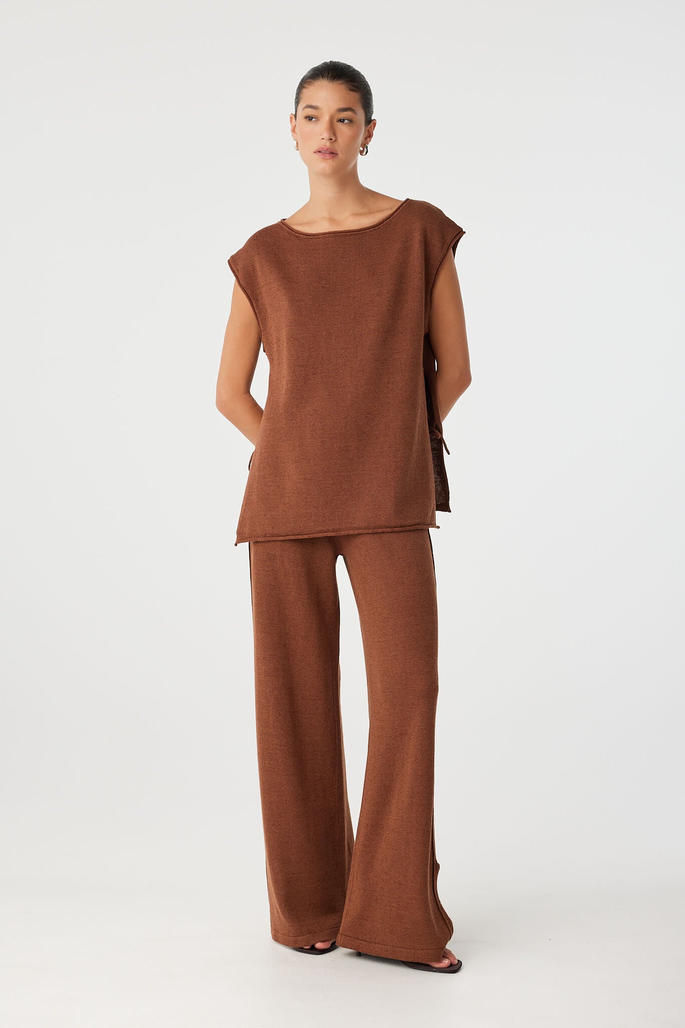 Poppy Pant styled with clay tie side top, worn as a coordinated relaxed-fit set.