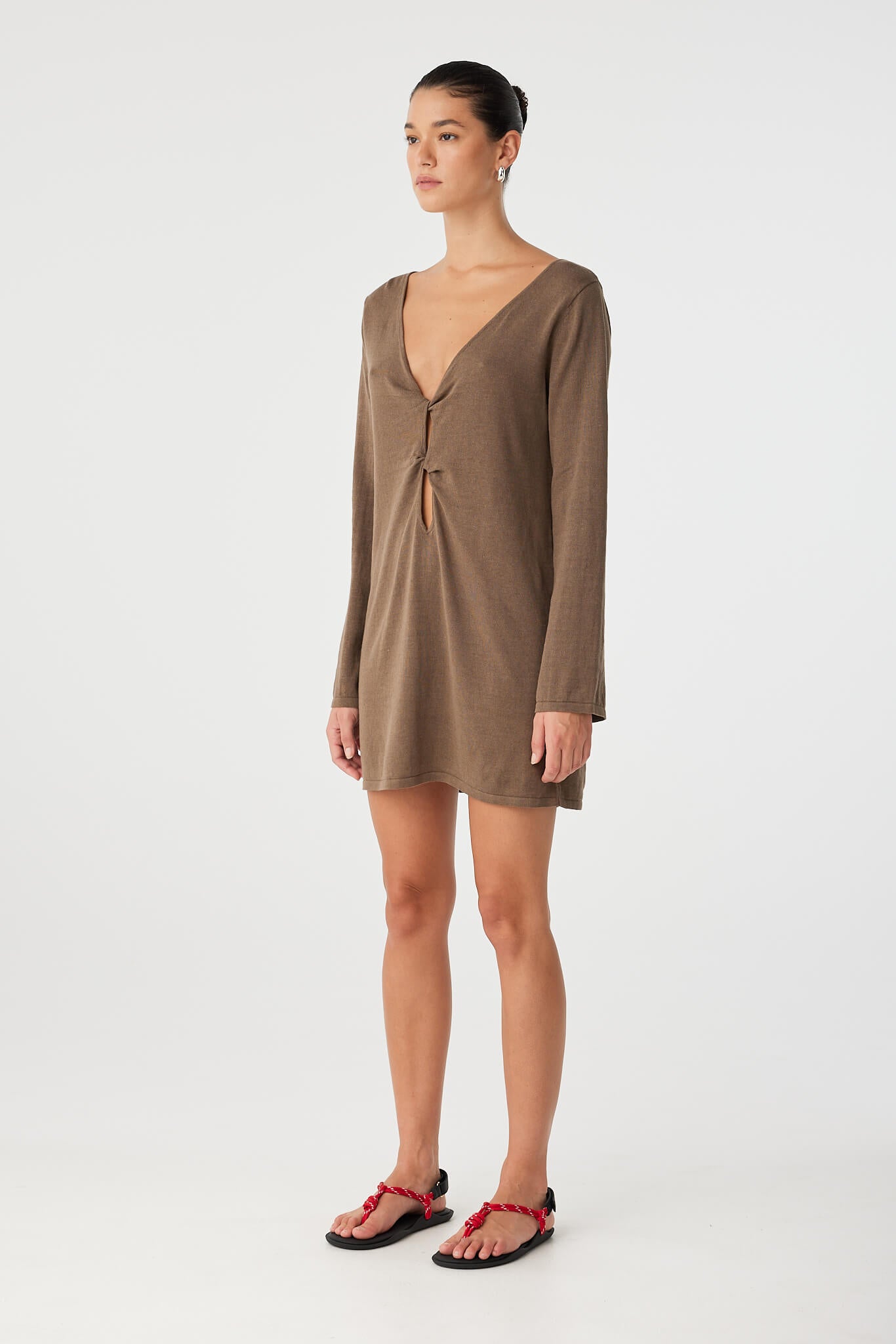 Deep V neckline version of reversible dress with twist detail and long sleeves.