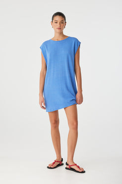 Relaxed mini dress in pacific blue with round neckline and easy shift fit—reversible styling for versatility across occasions.
