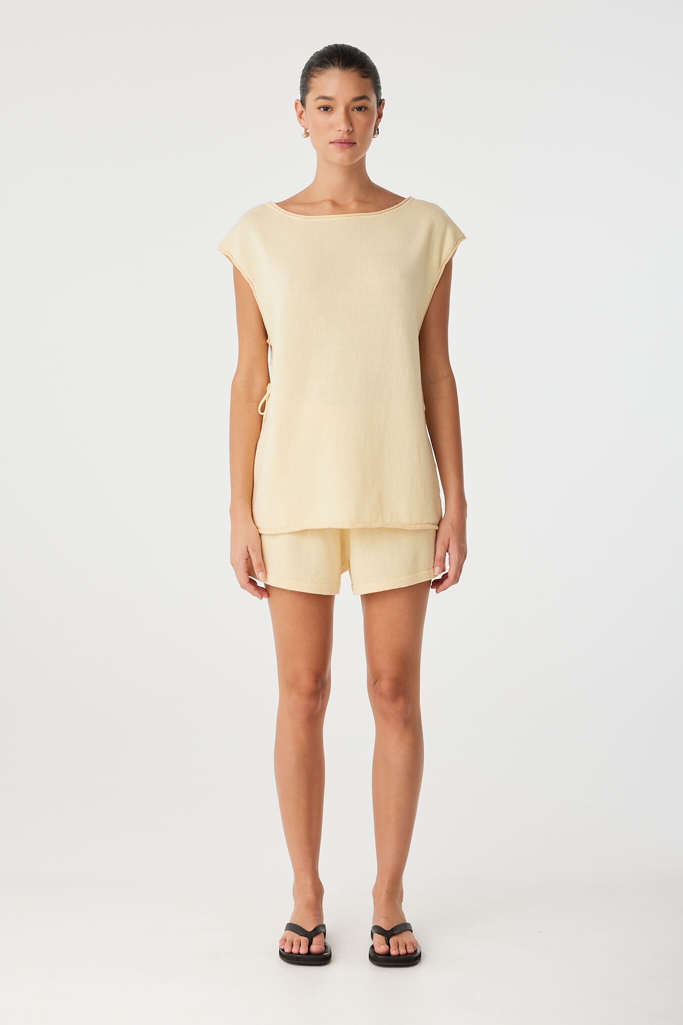 Full look of Poppy Short and Tie Side Top set in butter yellow linen blend.
