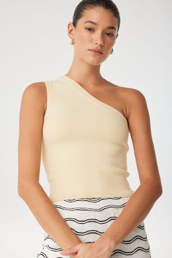 Close-up of butter yellow tank showing asymmetric neckline and smooth knit texture.