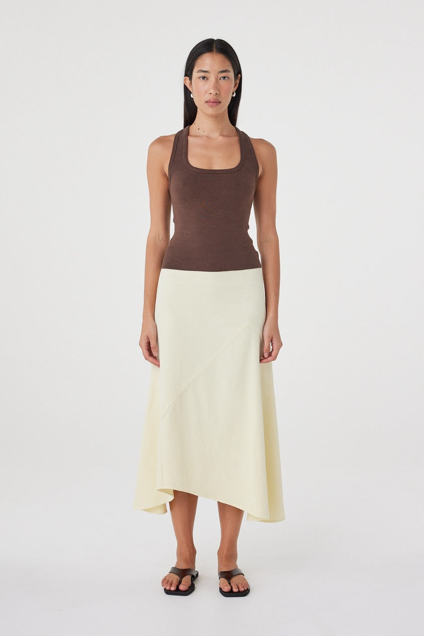 Sable Top Espresso and cream midi skirt, full-body front view