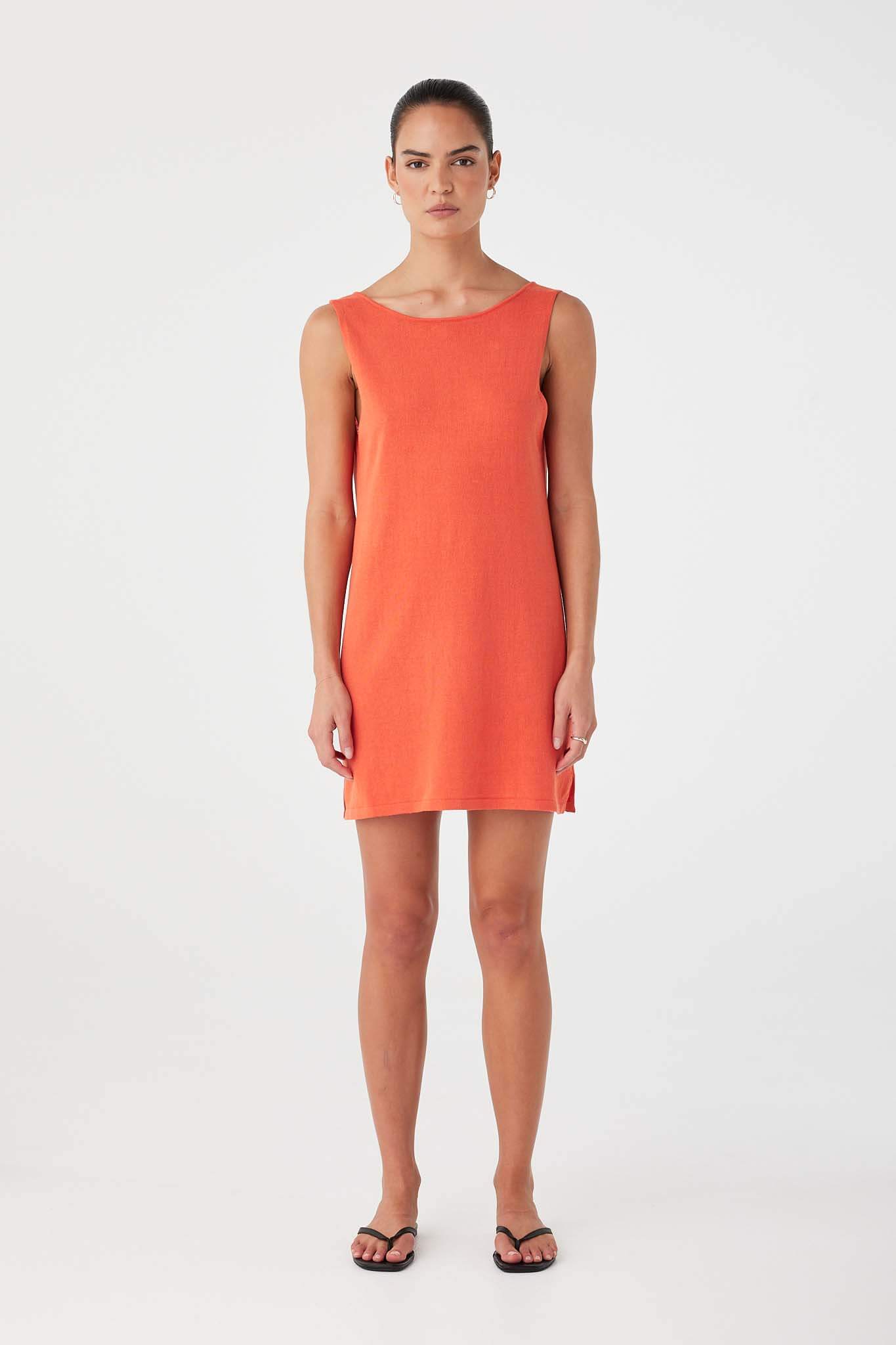 Mandarin linen–cotton mini dress styled in reverse with clean front and relaxed fit.