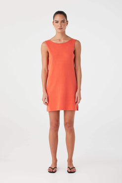 Mandarin linen–cotton mini dress styled in reverse with clean front and relaxed fit.