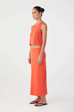 Relaxed-fit mandarin tank in soft rib knit with rolled finish and lightweight drape.