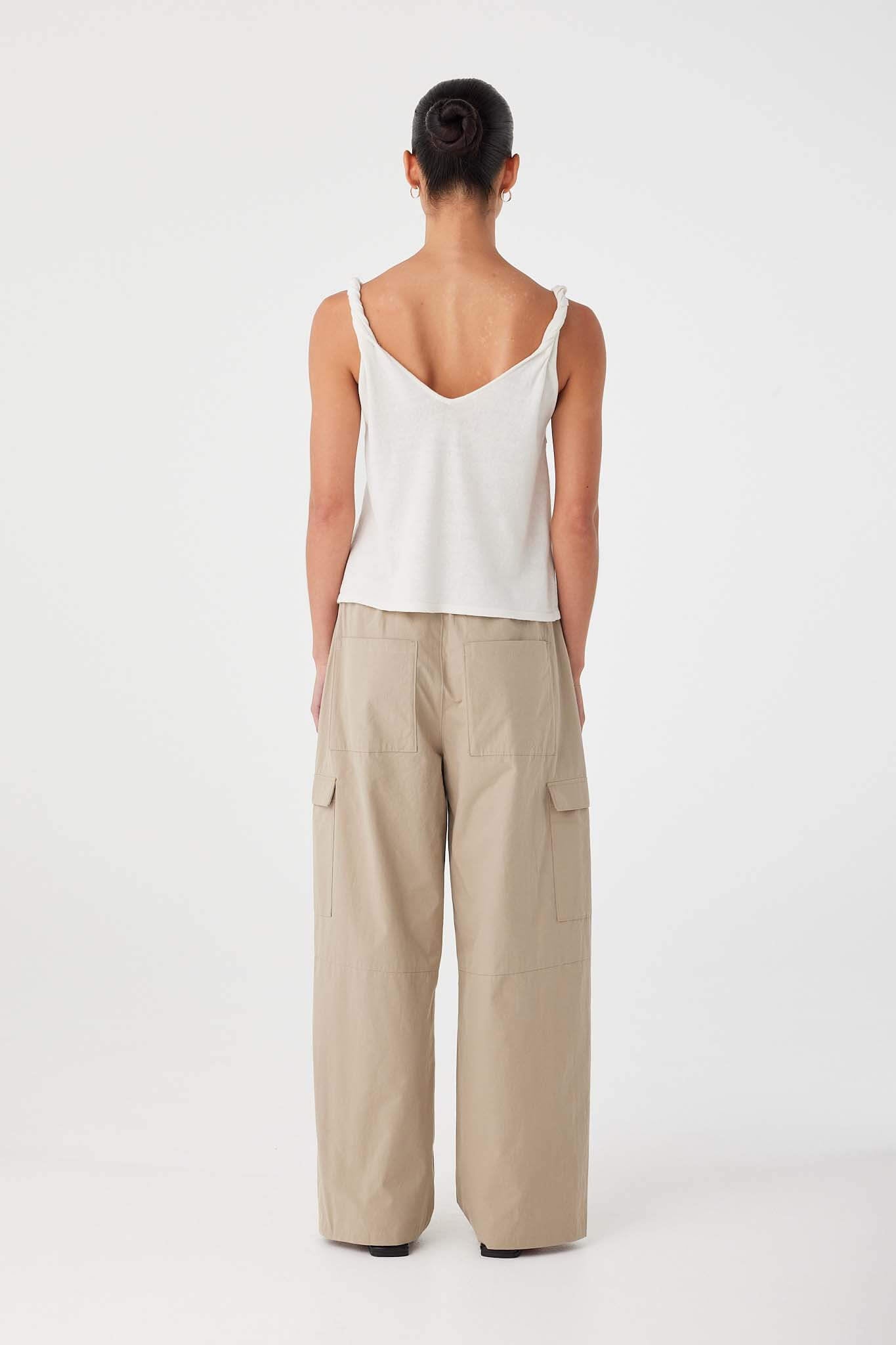 Wide-leg cotton pants in taupe with elasticated back waist and minimal seaming for a clean finish.