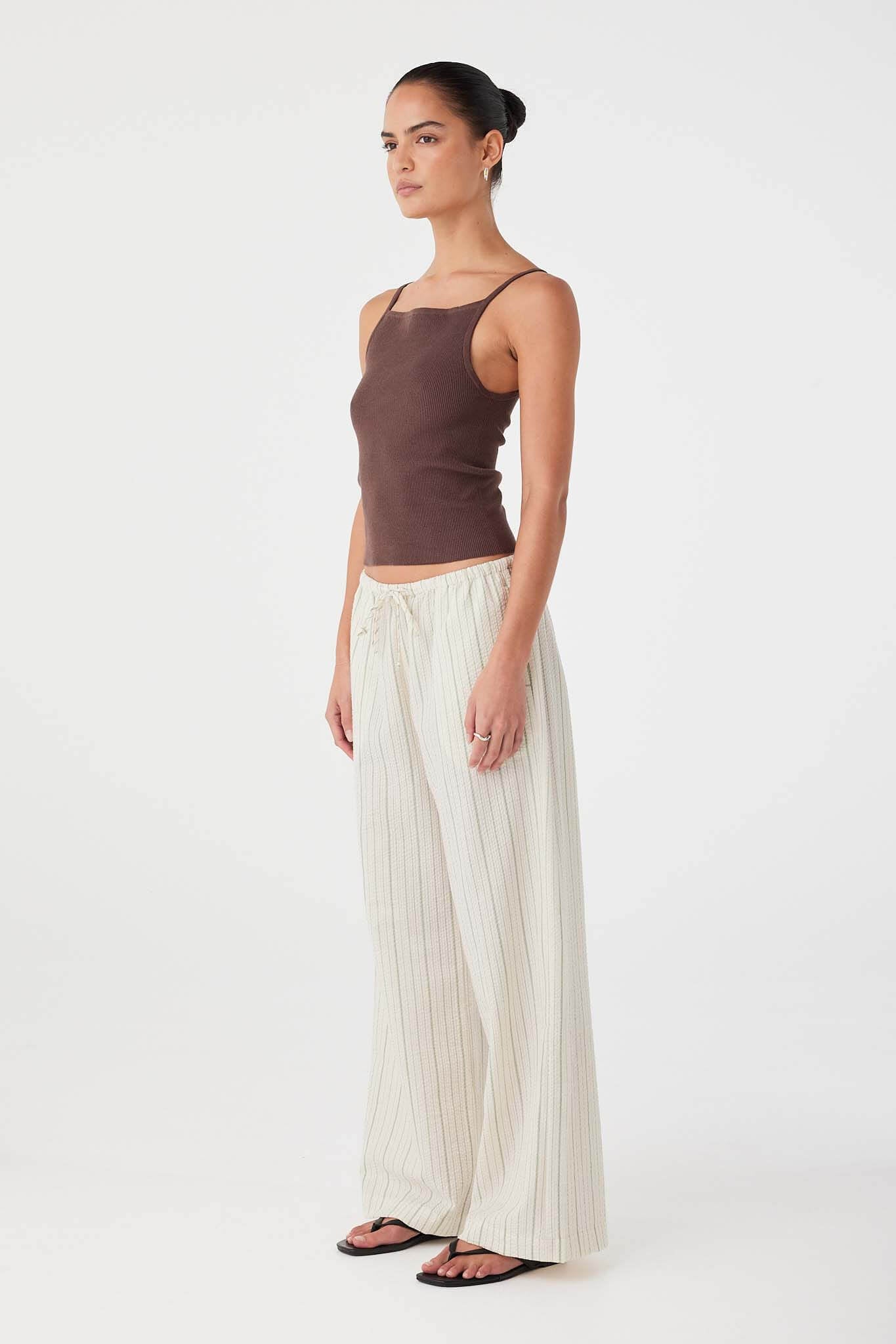 Olive stripe relaxed cotton pant with wide leg and breathable lightweight drape.