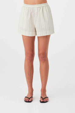 Olive stripe textured cotton shorts with two-button fly and elastic waist.