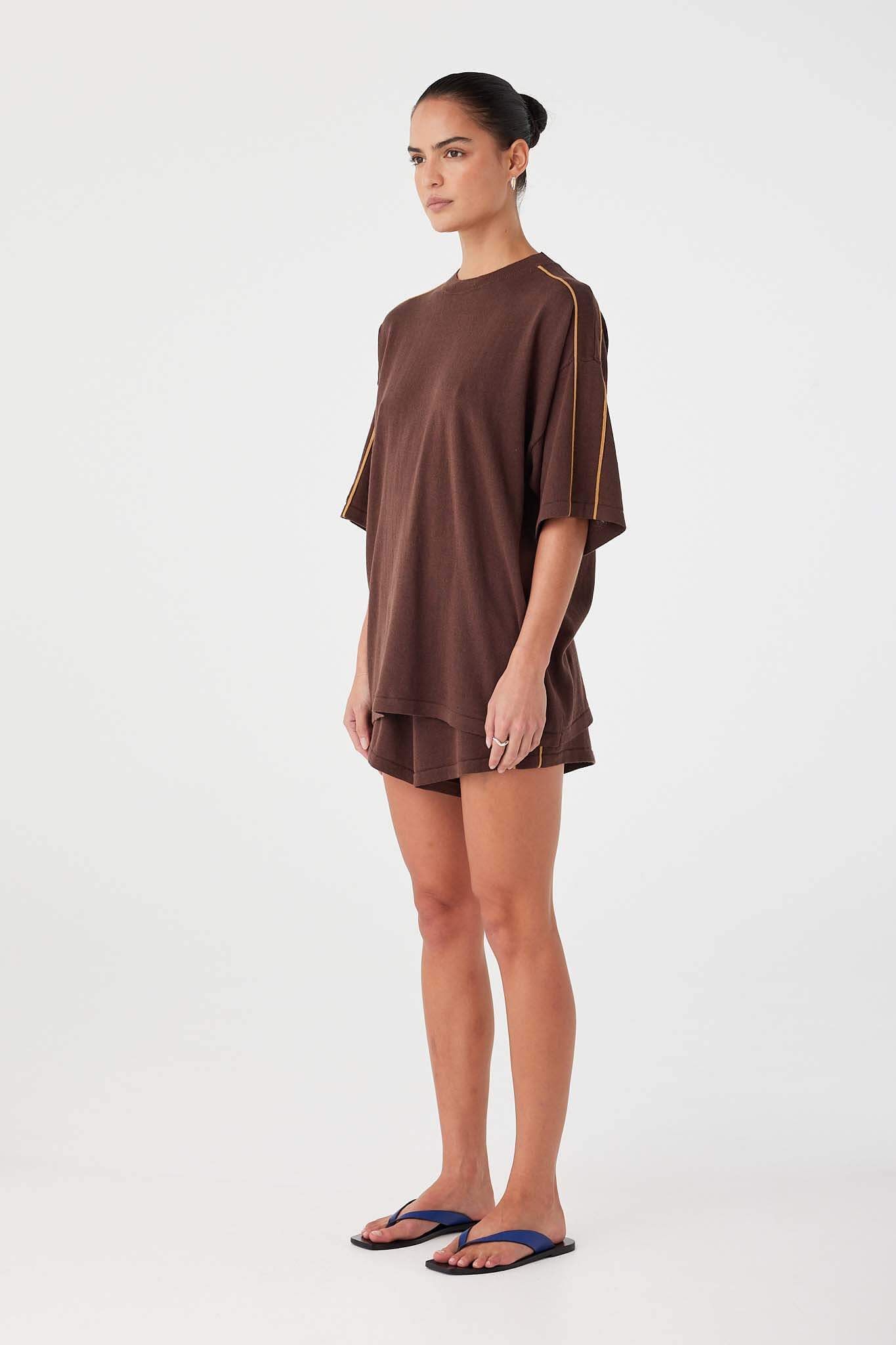 Espresso oversized knit tee with dropped shoulders and breathable linen cotton texture.