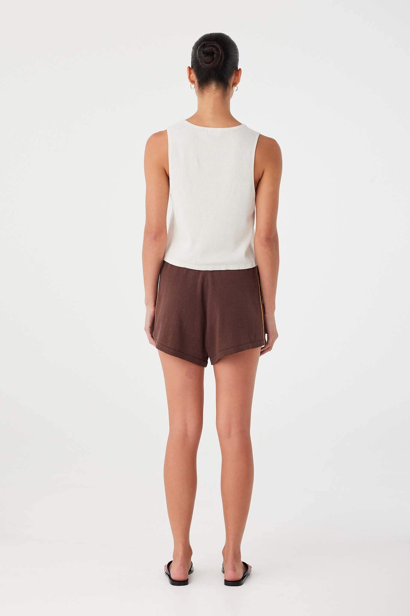 Back view of espresso linen–cotton shorts with relaxed silhouette and elasticated drawcord waistband.