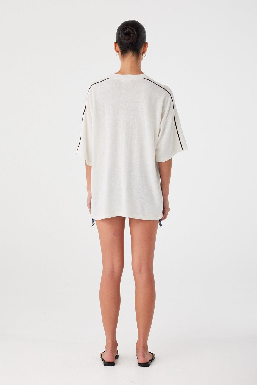 Back view of extra-oversized linen cotton tee with stripe detail. Relaxed, longline shape ideal for effortless styling.