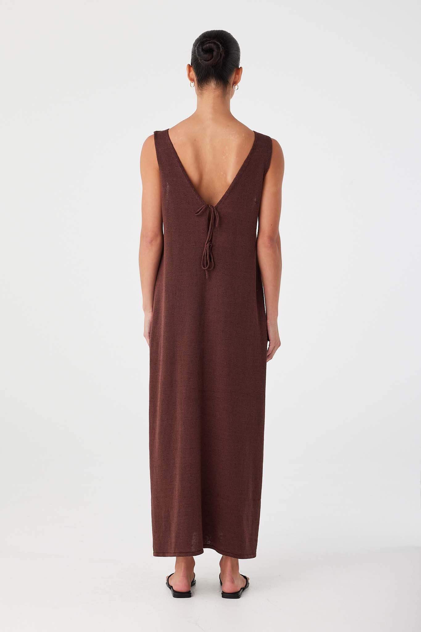 Chocolate maxi dress styled with tie detail at back. Reversible construction offers two styling options in one.