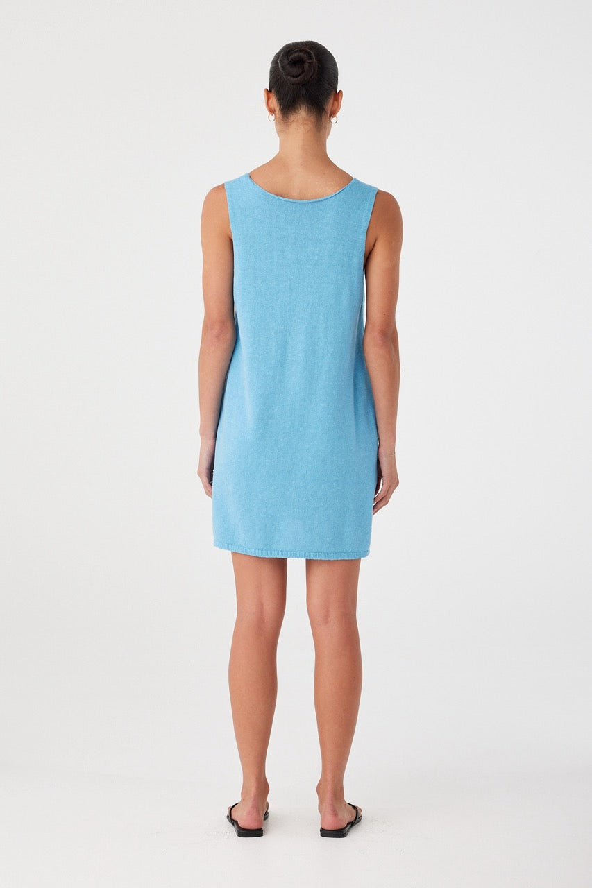 Linen Cotton Mini Dress Relaxed Fit V Neck in Cyan Linen Cotton Mini Dress Relaxed Fit V Neck in Cyan