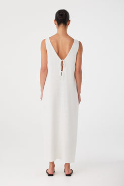Softly scooped back detail and straight fall of the maxi dress, designed in cream natural fibre.
