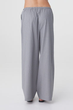 Sia Pant in Muted Blue Check, back view showing the elasticated waistband and wide leg shape.