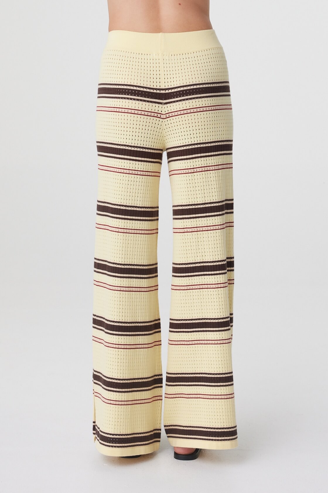 Willa Pant in Butter Espresso Stripe, close back view showing the elasticated waistband and relaxed fit through the leg.