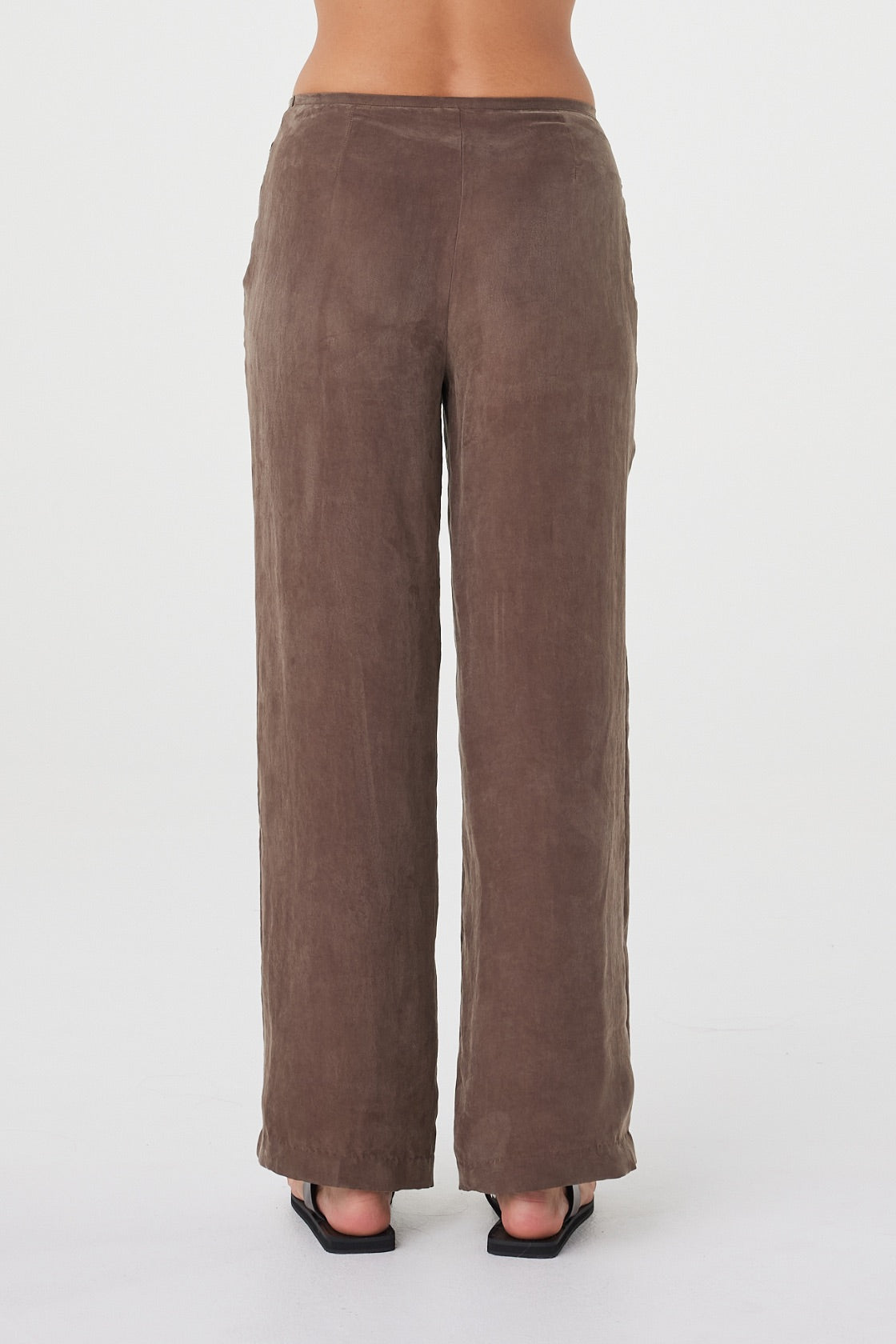 Back view of the Maisie Tie Pant in Espresso showing the relaxed straight leg and clean, minimal finish.