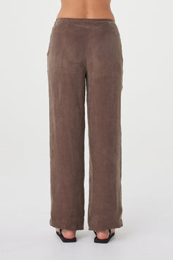 Back view of the Maisie Tie Pant in Espresso showing the relaxed straight leg and clean, minimal finish.