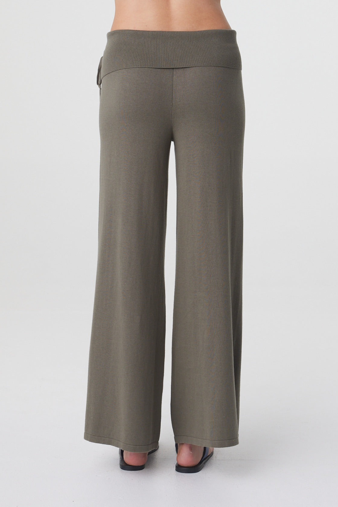 Nora Pant in Smokey Olive, back detail view showing the full length wide leg silhouette and relaxed fit.