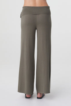 Nora Pant in Smokey Olive, back detail view showing the full length wide leg silhouette and relaxed fit.