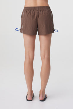 Addie Short in Espresso, close back view showing the elasticated waistband and relaxed fit through the seat and leg.